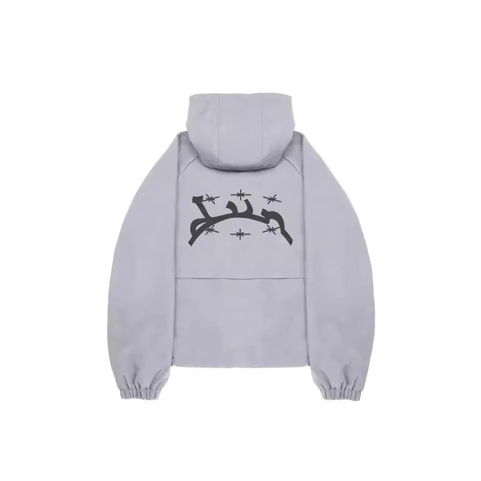 Men's loose fit grey hooded sunscreen jacket showing front and back views