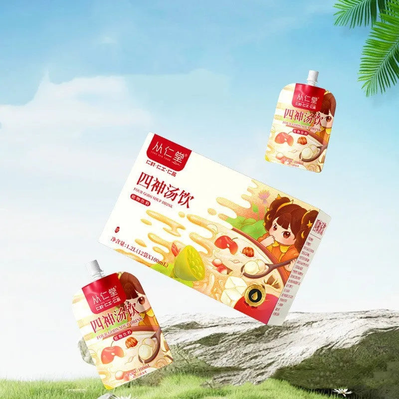 Box of children's spleen and stomach herbal tea with 12 individual 100ml sachets containing yam, poria and lotus seed decoction