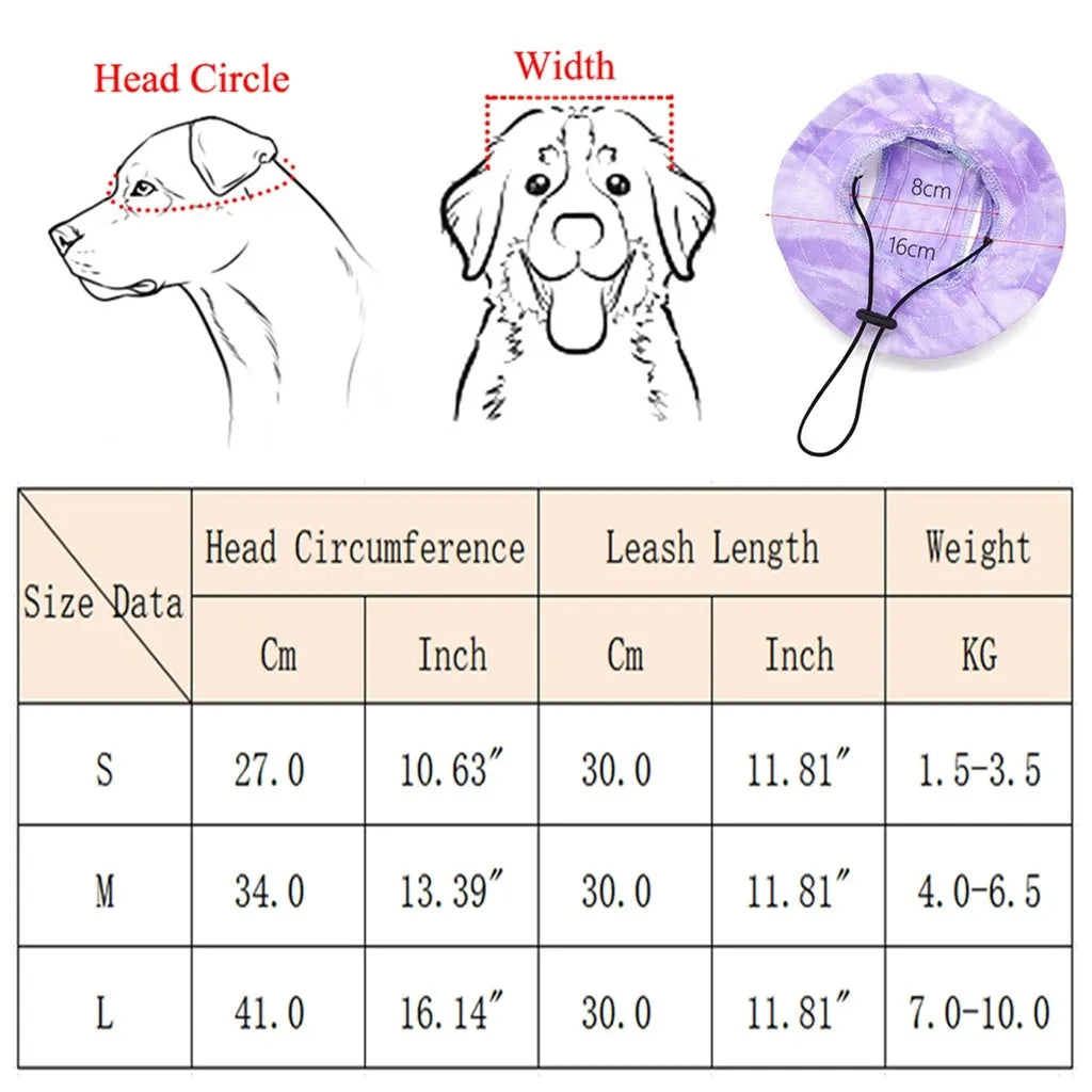 Adjustable tie-dye pet hat with ear holes for small to medium dogs, available in blue, orange, purple, and yellow