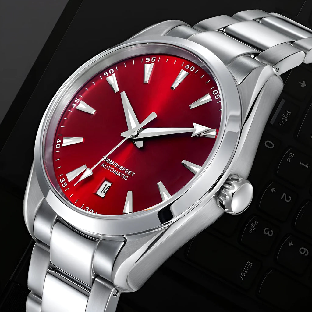 Men's stainless steel automatic watch with SEIKO NH35 movement, black dial, and butterfly clasp on a white background