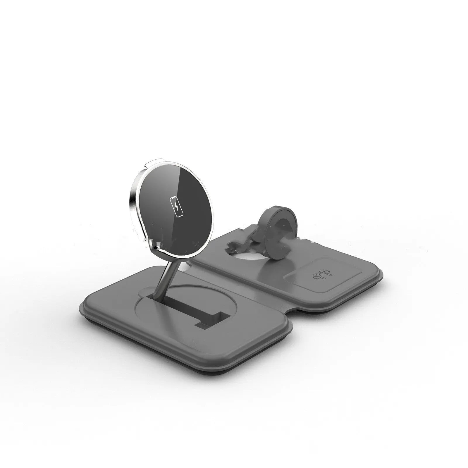 Folding magnetic three-in-one wireless charger in black with phone, watch, and earbuds on a desktop