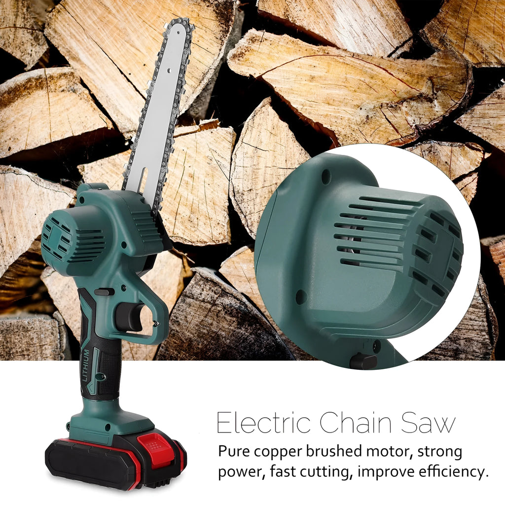 Black one-hand mini electric chainsaw with 4-inch guide, shown on a wooden surface.
