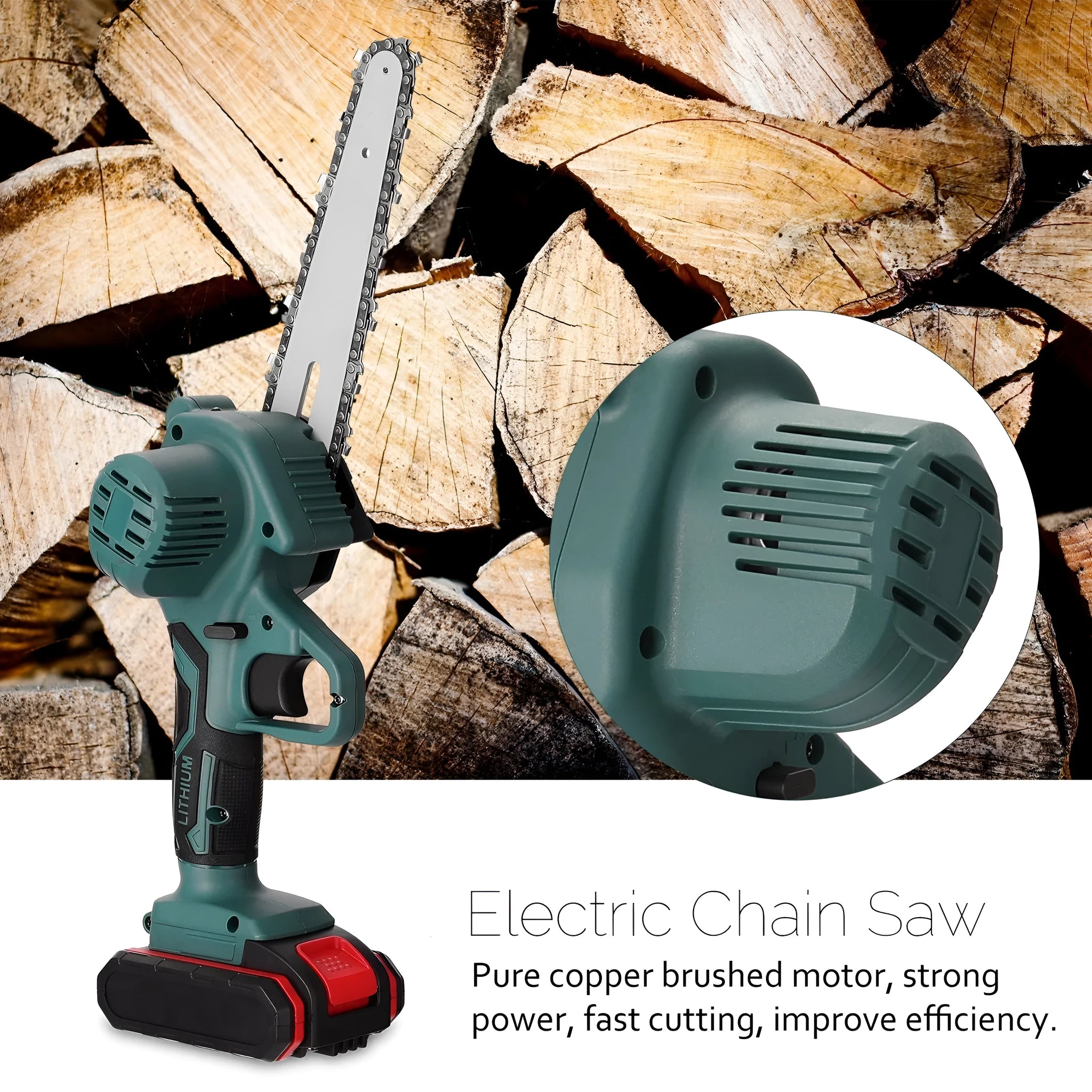 Black one-hand mini electric chainsaw with 4-inch guide, shown on a wooden surface.