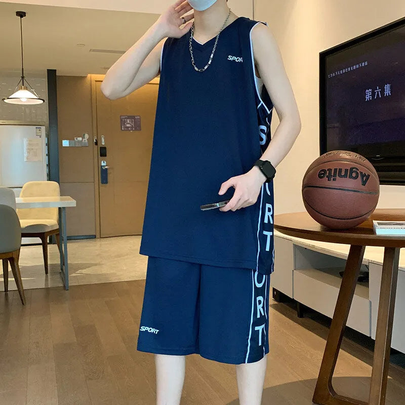 Basketball wear sleeveless vest and shorts sports suit in white, polyester fibre, summer training