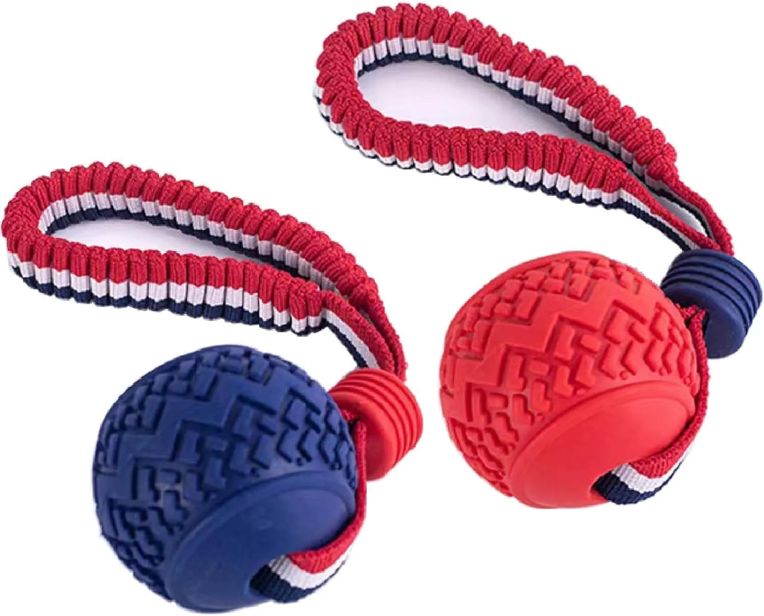 Blue dog toy with a textured rubber ball attached to a cotton rope, shown on grass.