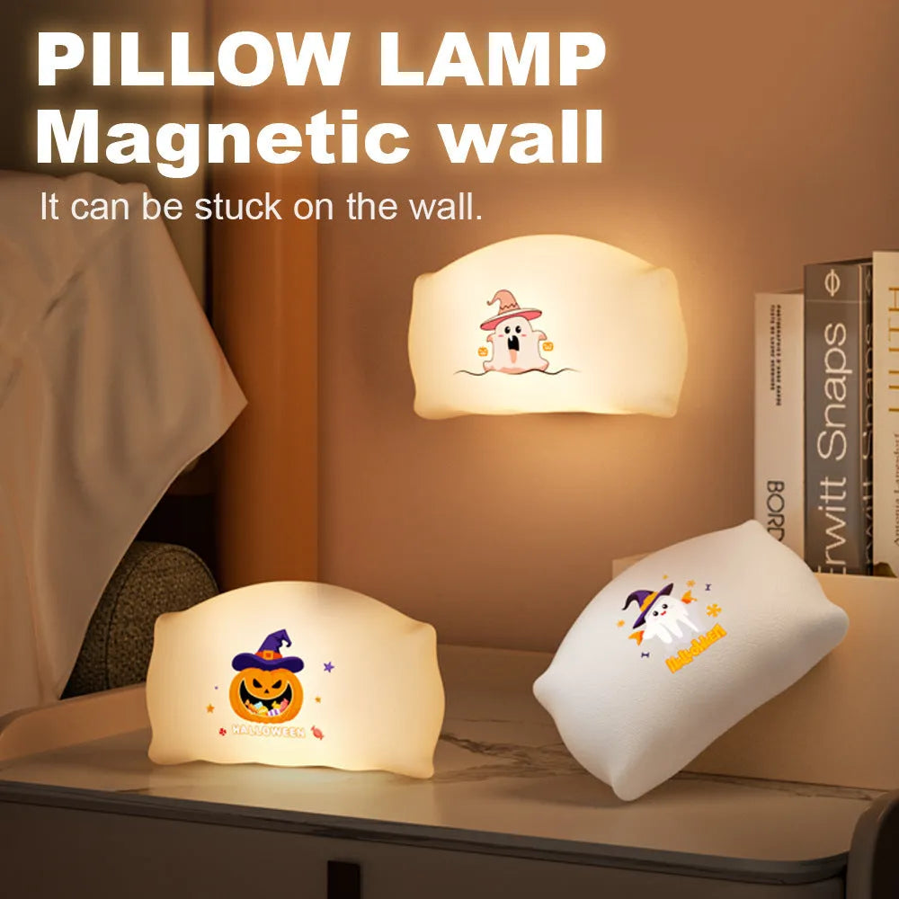 Small cartoon Halloween doll table lamp with warm light, shown in Magic Ghost and Pumpkin Ghost colours.
