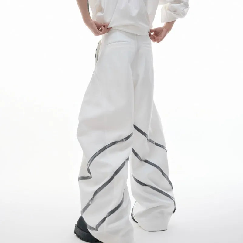 Men's polyester trousers with metal striped rivets and pleated design using three-dimensional cutting techniques