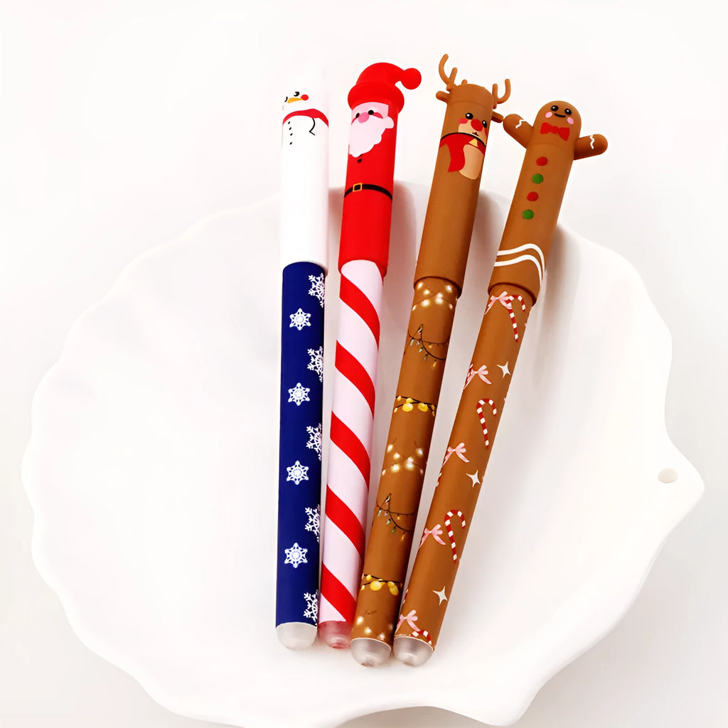 Four Christmas-themed erasable gel pens in a sleeve: Santa, gingerbread man, elk, and snowman designs