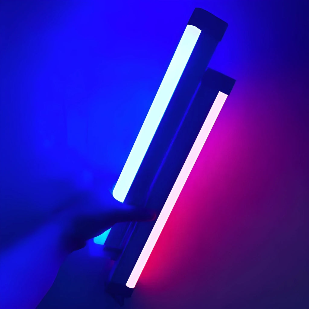 Blue and purple rechargeable LED light tube with USB cable, shown in 17cm, 32cm and 52cm lengths.