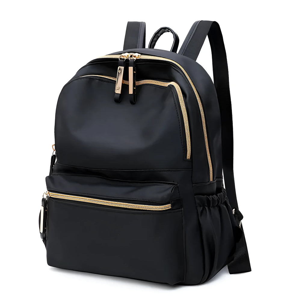 Black waterproof Oxford backpack for women, 34cm high, showing front view on plain background