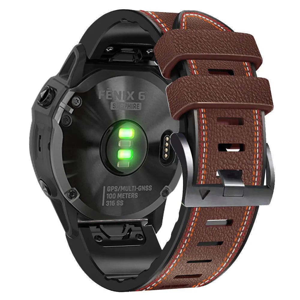 Silicone leather quick-release watchband for Garmin Fenix smartwatches in black, shown in 22mm and 26mm sizes.