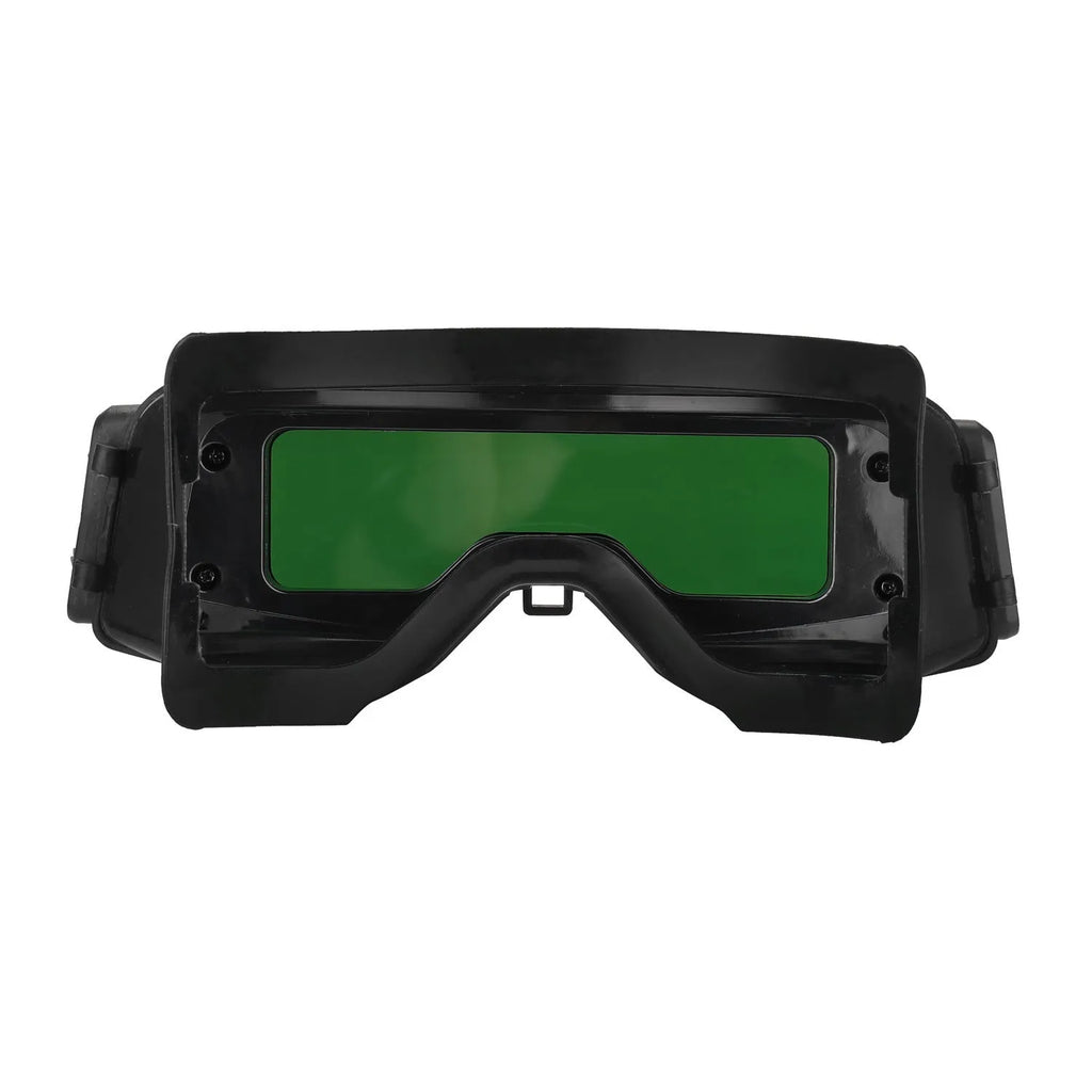 Black automatic welding mask with large viewing lens and adjustable controls for sensitivity and delay timing