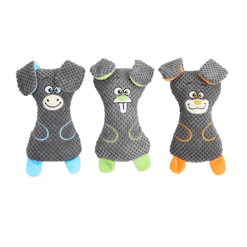 Assorted dog plush bite toys in blue, green, orange with cute animal shapes and squeaker
