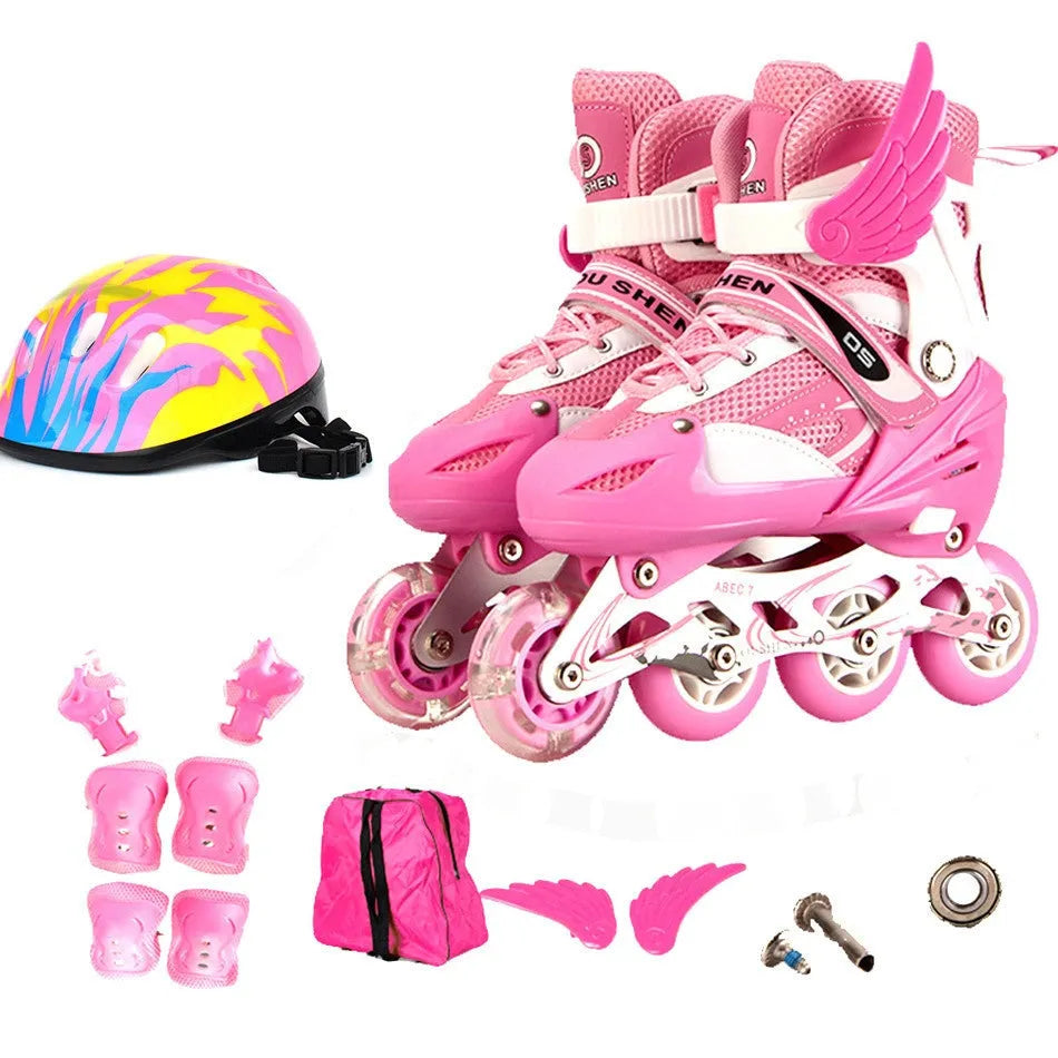 Children's adjustable roller skates with aluminium frame and PU foam wheels in various colours, shown with protective gear and backpack