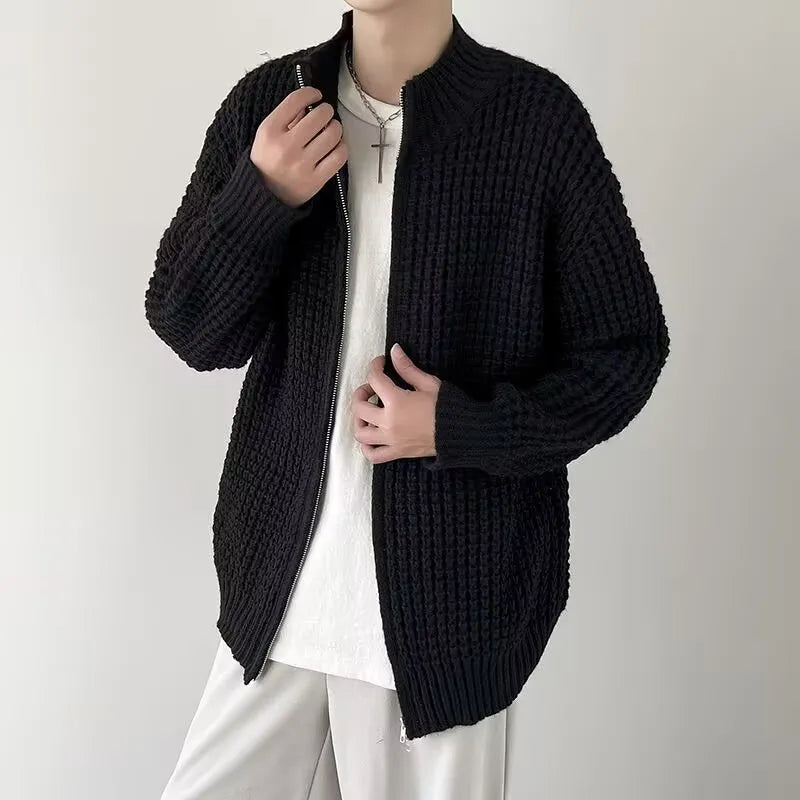 Men's autumn cardigan coat in black with loose fit and rabbit hair blend fabric