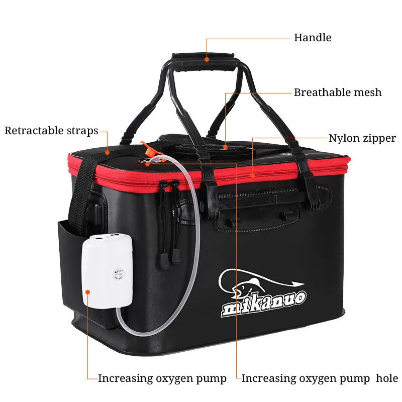 Collapsible EVA portable fishing bag in black with nylon zipper, folded flat on a wooden table