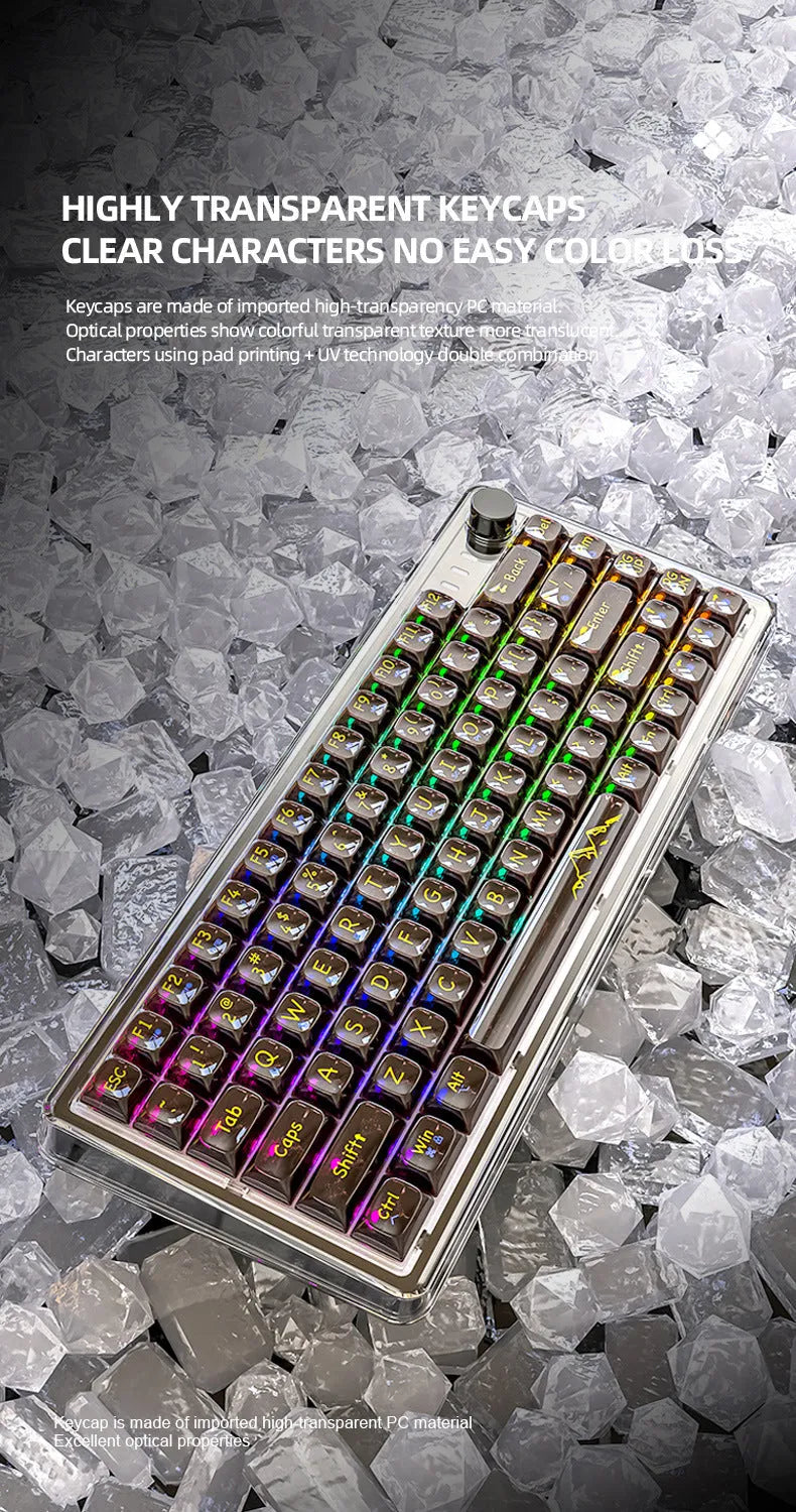 Attack Shark K75 white transparent wireless mechanical keyboard with RGB backlight on a desk.