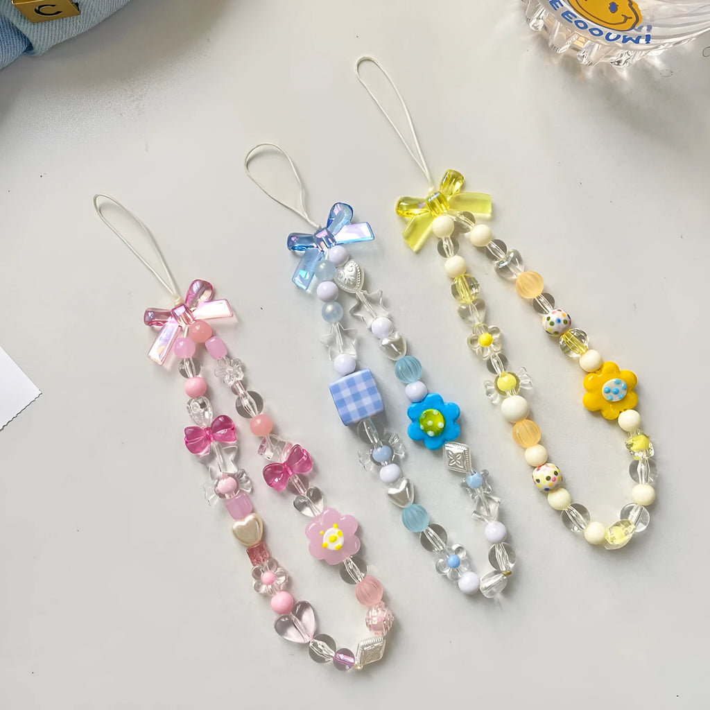 Colourful beaded flower mobile phone lanyard with hand rope design in blue, pink and yellow options
