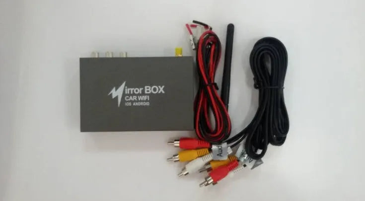 Black car mirror link box Wi-Fi converter with antenna, power cable and AV cable for streaming phone to car screen.
