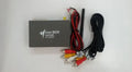 Black car mirror link box Wi-Fi converter with antenna, power cable and AV cable for streaming phone to car screen.