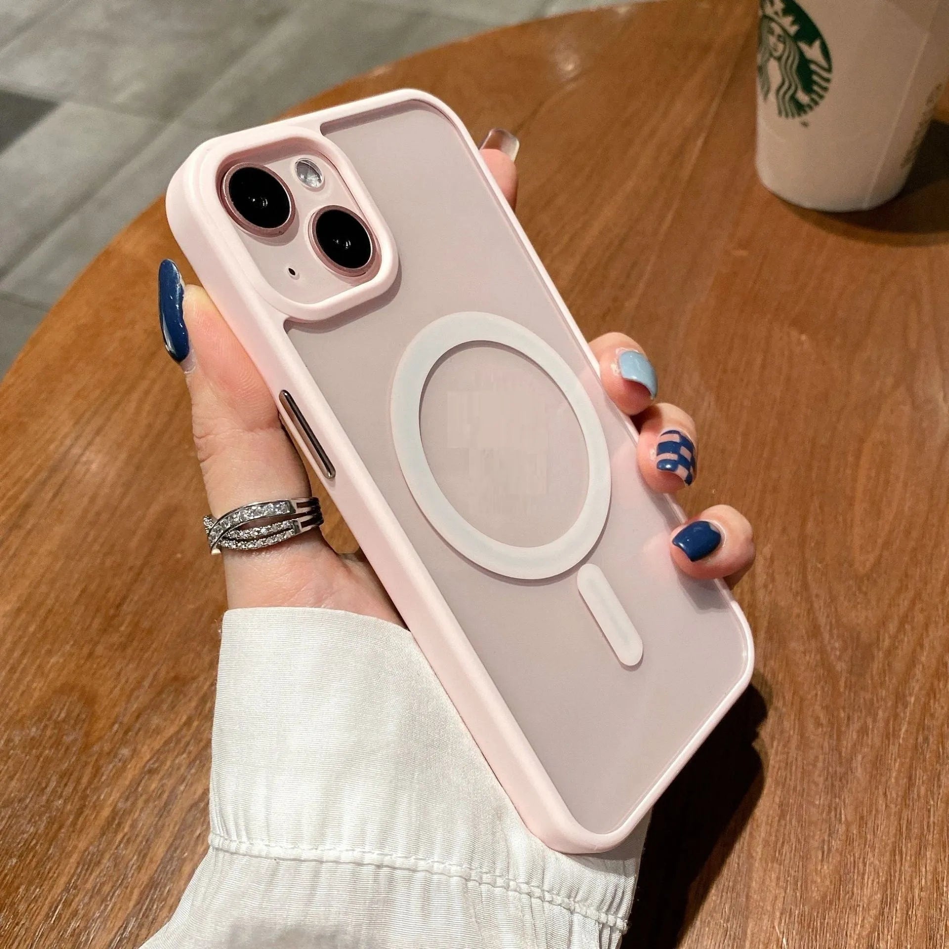 Transparent acrylic Magsafe phone case for iPhone with magnetic ring, shown in multiple colour options