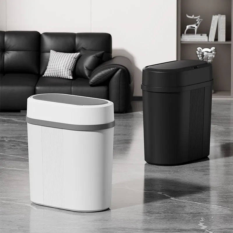 Smart trash can with waterproof sealed lid in black or white, square PP body for home use