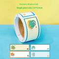 Roll of 60 cartoon name tape stickers showing dinosaur, astronaut, rabbit, and girl design options