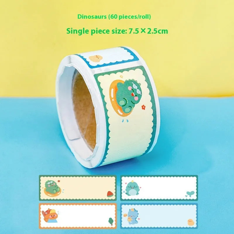 Roll of 60 cartoon name tape stickers showing dinosaur, astronaut, rabbit, and girl design options