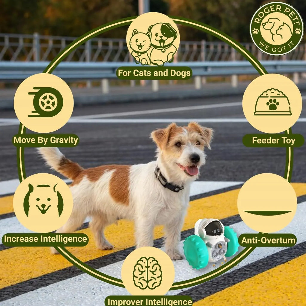 Robot-design tumbler puzzle toy for dogs and cats with roller elements and food dispensing function
