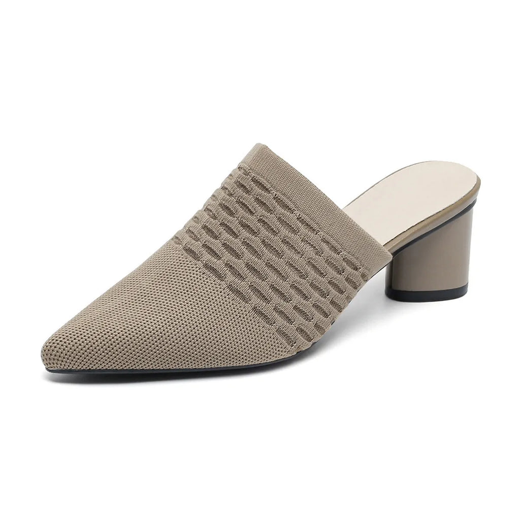 Women's black pointed toe sandals with fabric upper, toe cap, and chunky 5cm block heel