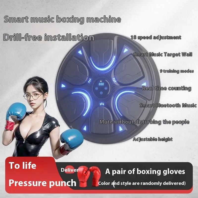 Black intelligent music boxing machine wall target with leather surface and included training gloves