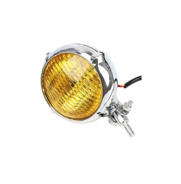 Black retro Harley motorcycle headlight with aluminium housing and glass lens.