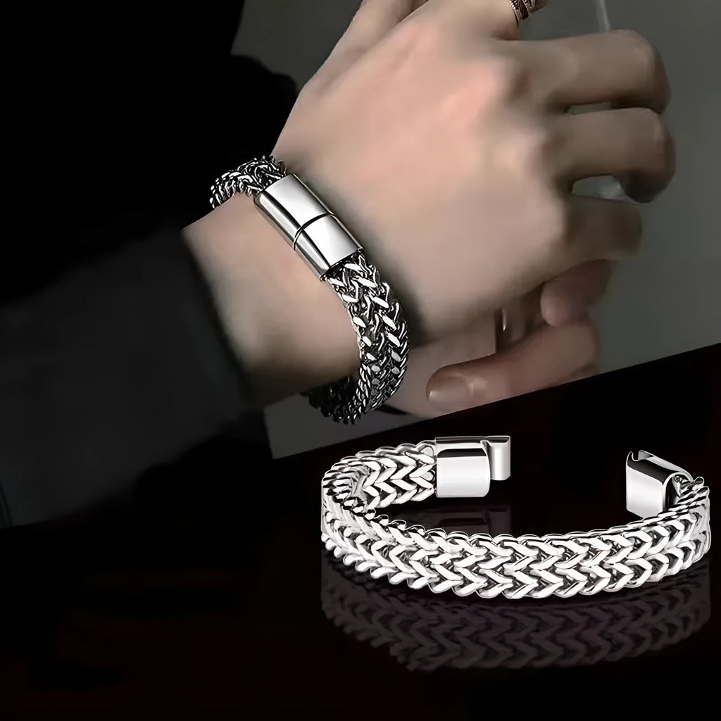 Men's silver stainless steel geometric bracelet with 4x8mm or 5x10mm bead options