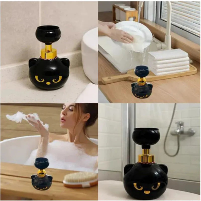 Black cartoon cat-shaped plastic foam soap dispenser on a bathroom sink.