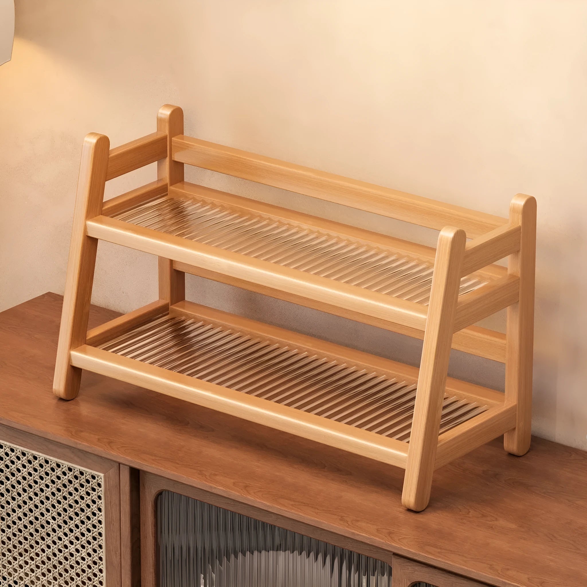 Simple modern bamboo and acrylic multi-purpose table top storage rack for teacups and tea sets