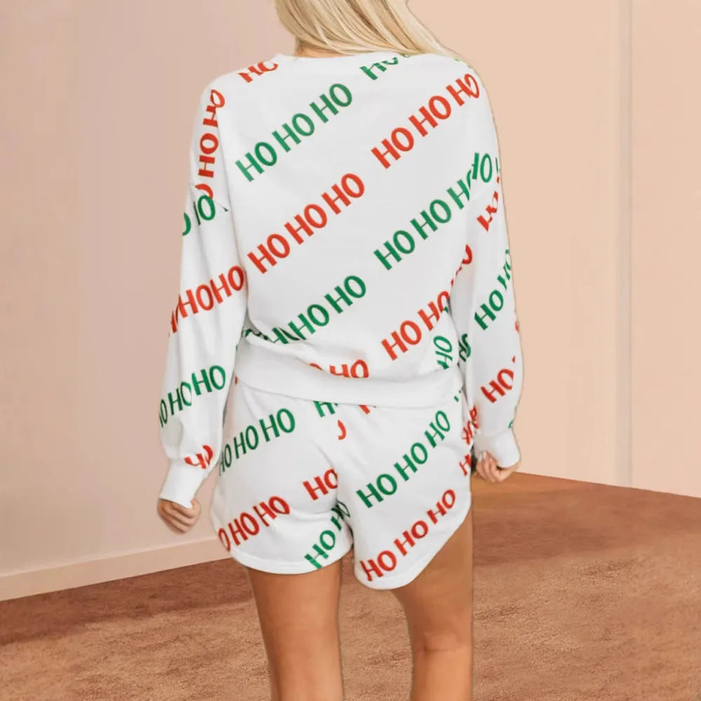 Women's white two-piece suit with letter print, long sleeve top and fifth pants, street fashion style