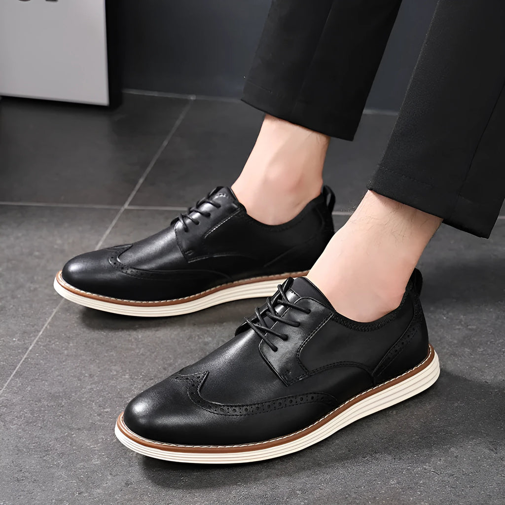Men's black and brown slip-on business formal shoes with round toe and carved PU upper