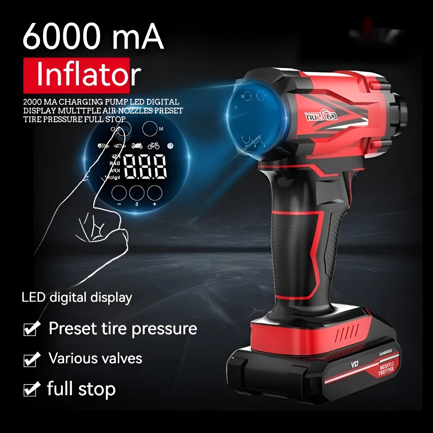 Red and black wireless car tyre inflator with nozzle attachments and power cable