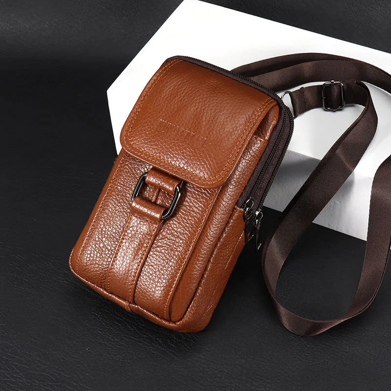 Genuine leather men's mobile phone waist bag in brown, square vertical shape with sewing line detail