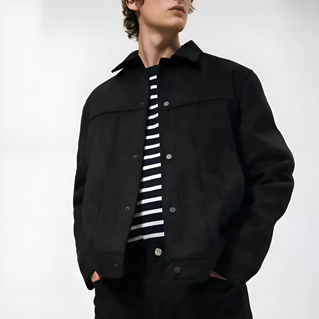 Black men's hooded jacket with suede collar and side seam pockets