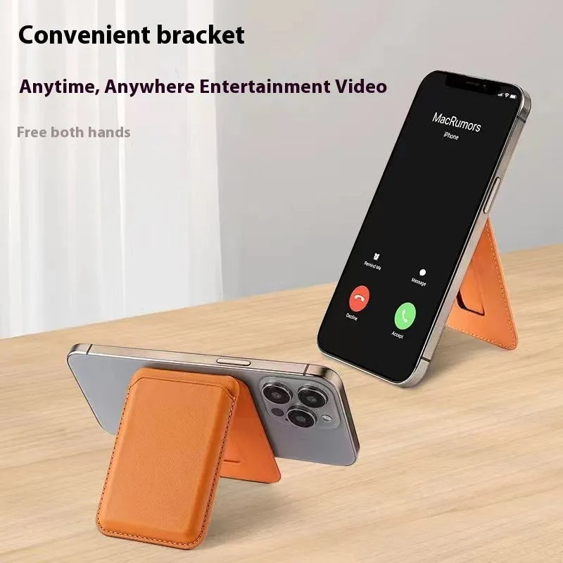 Magsafe magnetic card holder in dark blue with folding bracket stand on phone, imitation leather surface, 9.3x6.3cm