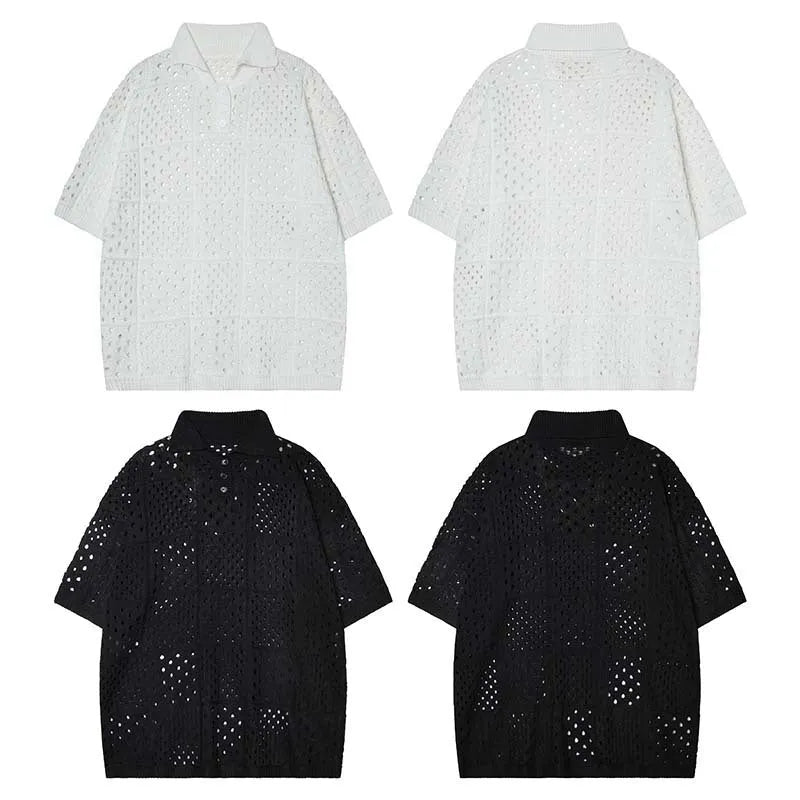 Solid colour hollow knit short sleeve polo shirt in loose fit design