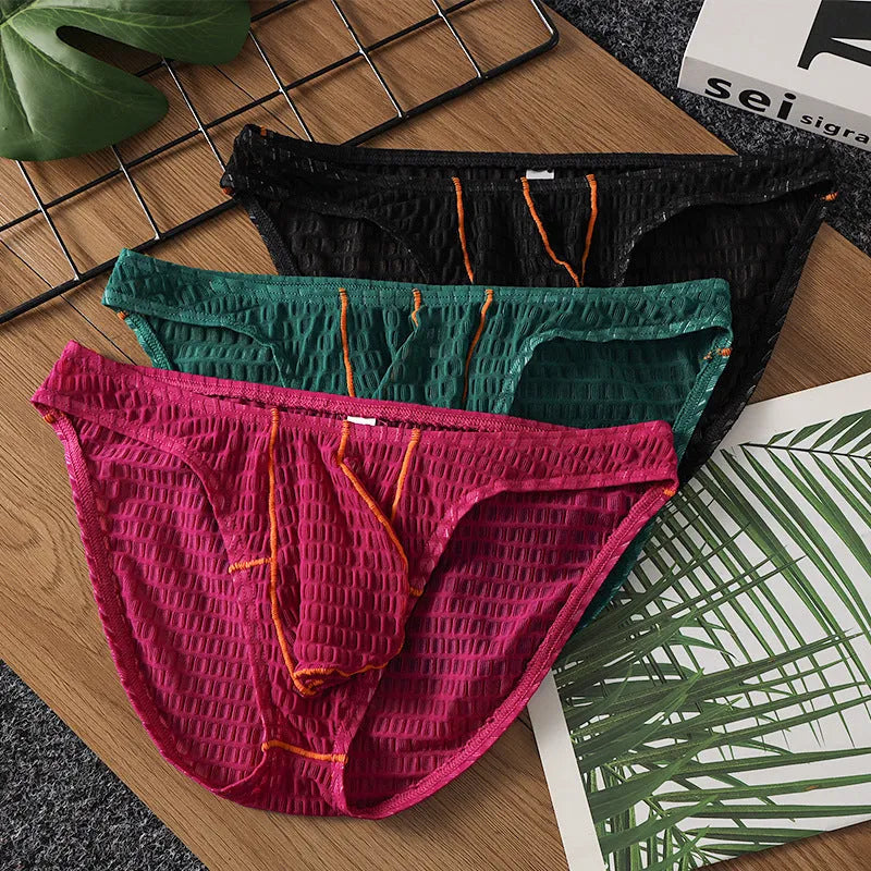 Men's low waist lace briefs in solid colour with ice silk fabric available in multiple sizes