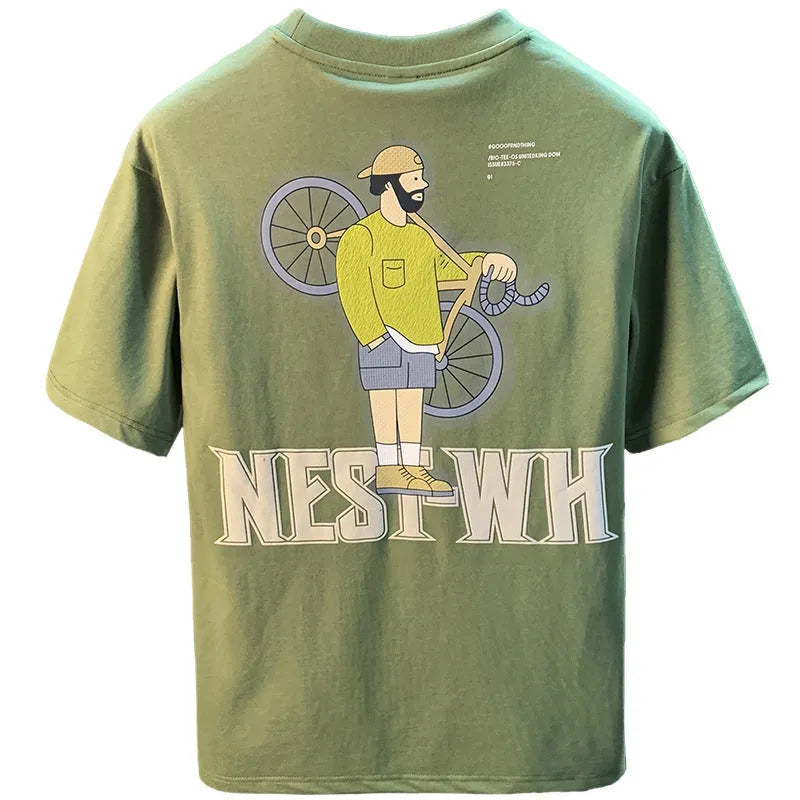 Green men's printed loose fit t-shirt with short sleeves shown on Asian sizing chart