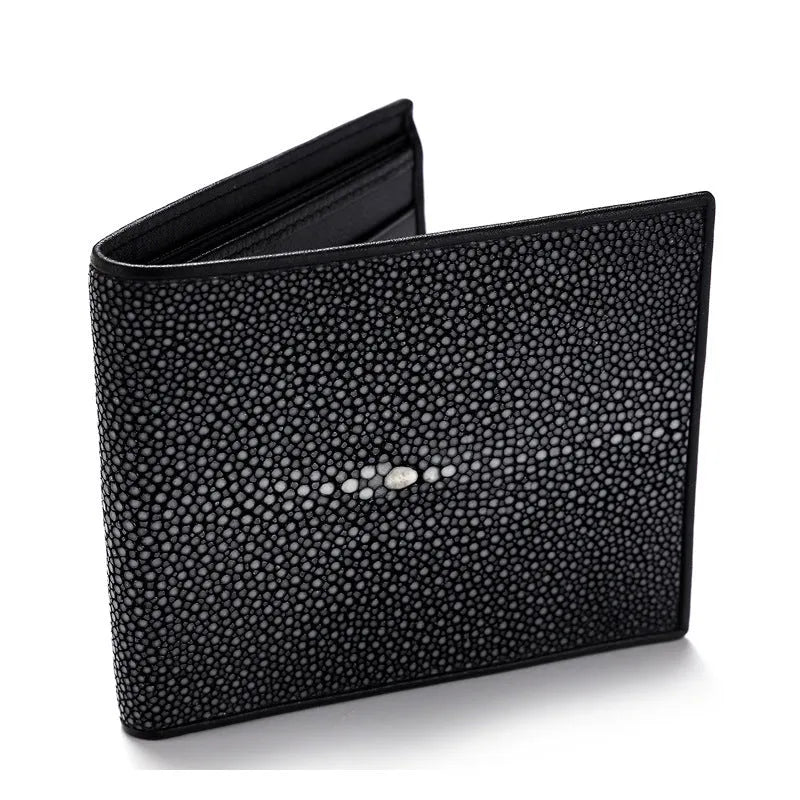 Short genuine cowhide leather wallet with pearl fishskin grain, horizontal square shape, and visible sewing thread stitching