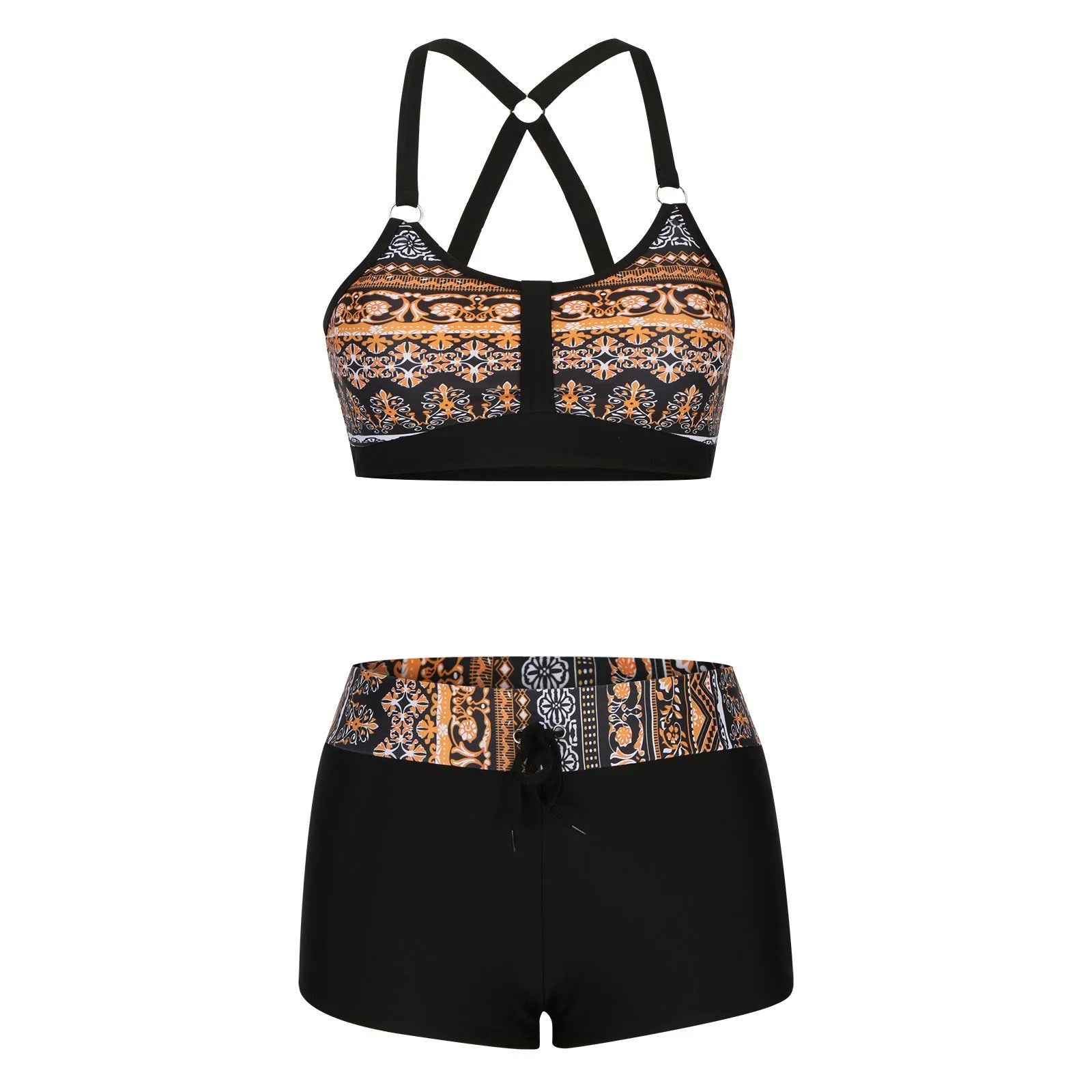Women's floral print bikini swimsuit set with brief-style bottoms in polyester fabric