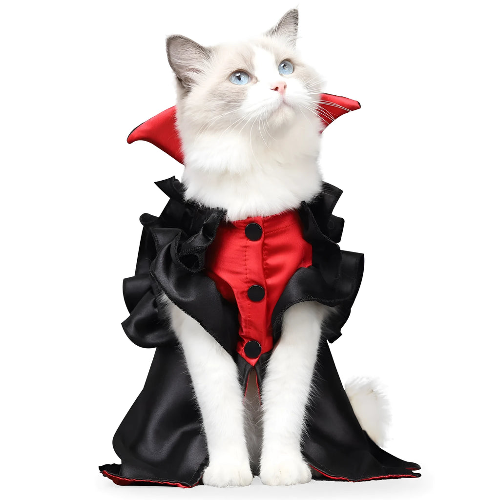 Cat wearing black and red vampire Halloween costume, two-legged style with polyester spandex fabric