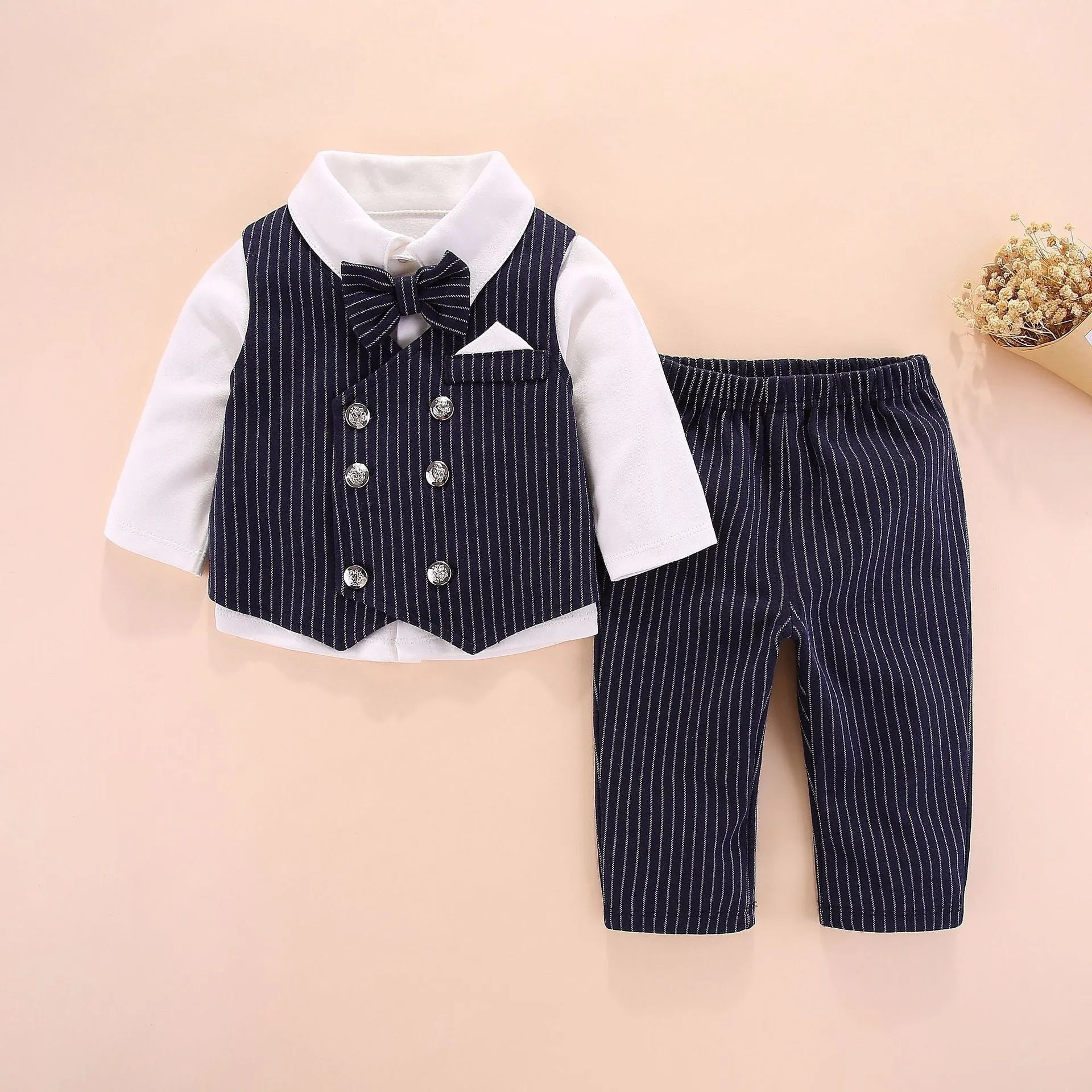 Baby new style gentleman split clothes set in grey including vest, trousers, and shirt, 95% cotton, sizes 3-12 months