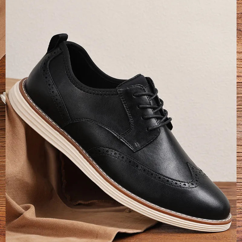 Men's black and brown slip-on business formal shoes with round toe and carved PU upper