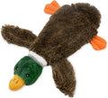 Green wild duck design stuffless dog toy with two squeakers and bottle insert cavity.
